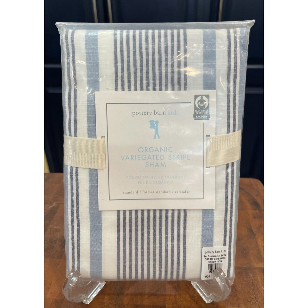 Pottery Barn Kids Organic Variegated Striped Shams White/Blue Standard Size NEW